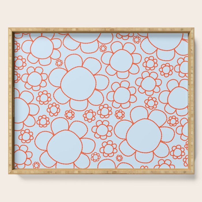 Cheerful Doodle Flowers Pattern in Ice Blue and Orange Serving Tray Gallery Image 1