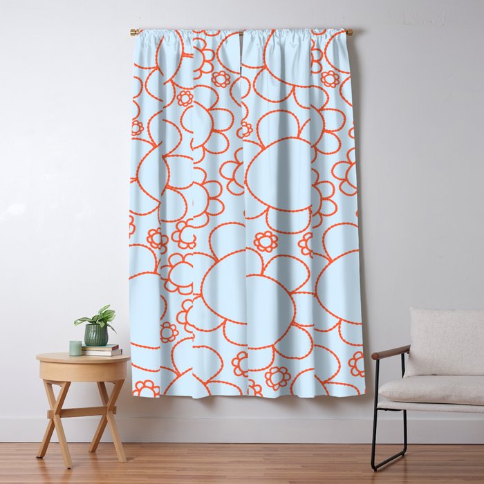 Cheerful Doodle Flowers Pattern in Ice Blue and Orange Window Curtain Gallery Image 5