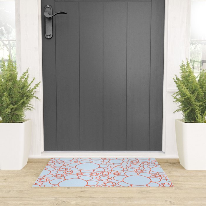 Cheerful Doodle Flowers Pattern in Ice Blue and Orange Welcome Mat Gallery Image 3