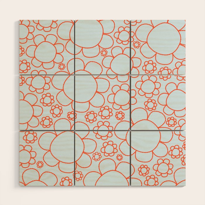 Cheerful Doodle Flowers Pattern in Ice Blue and Orange Wood Wall Art Gallery Image 1