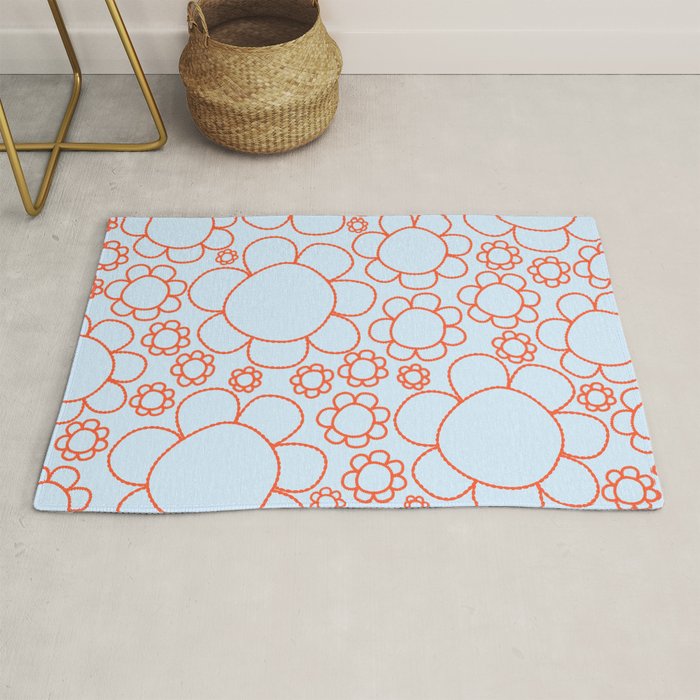 Cheerful Doodle Flowers Pattern in Ice Blue and Orange Rug Gallery Image 1