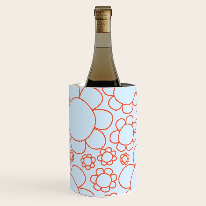 Cheerful Doodle Flowers Pattern in Ice Blue and Orange Wine Chiller Gallery Image 1