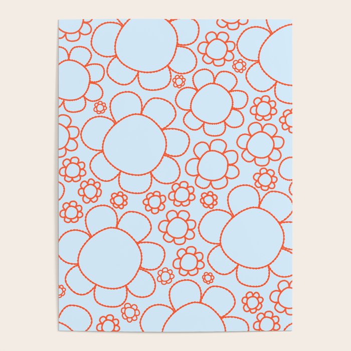 Cheerful Doodle Flowers Pattern in Ice Blue and Orange Poster Gallery Image 1