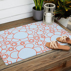 Cheerful Doodle Flowers Pattern in Ice Blue and Orange Outdoor Rug Gallery Image 2