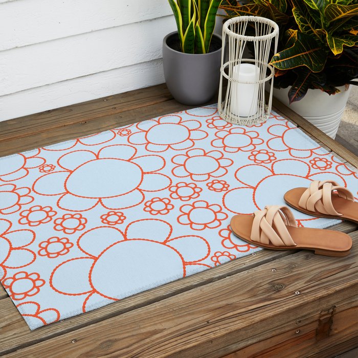 Cheerful Doodle Flowers Pattern in Ice Blue and Orange Outdoor Rug Gallery Image 2