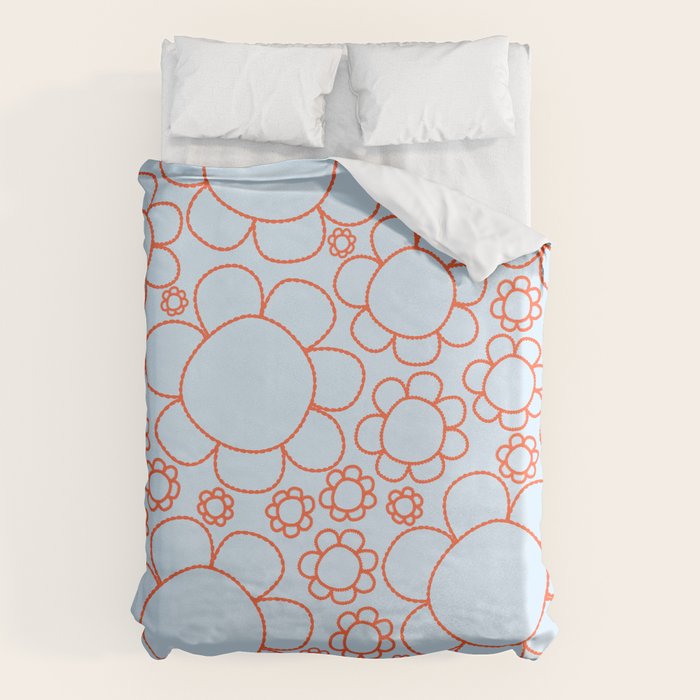 Cheerful Doodle Flowers Pattern in Ice Blue and Orange Duvet Cover Gallery Image 6