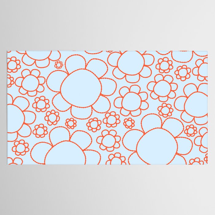 Cheerful Doodle Flowers Pattern in Ice Blue and Orange Tablecloth Gallery Image 2