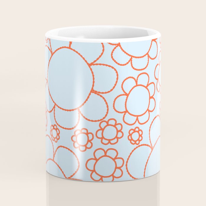 Cheerful Doodle Flowers Pattern in Ice Blue and Orange Coffee Mug Gallery Image 4