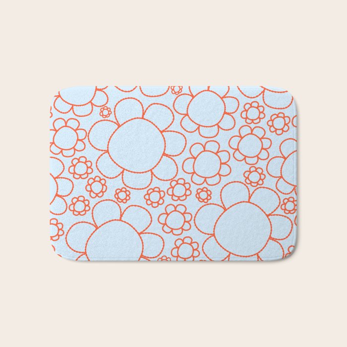 Cheerful Doodle Flowers Pattern in Ice Blue and Orange Bath Mat Gallery Image 1