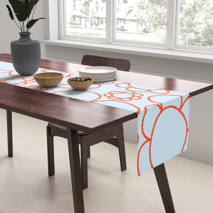 Cheerful Doodle Flowers Pattern in Ice Blue and Orange Table Runner Gallery Image 2