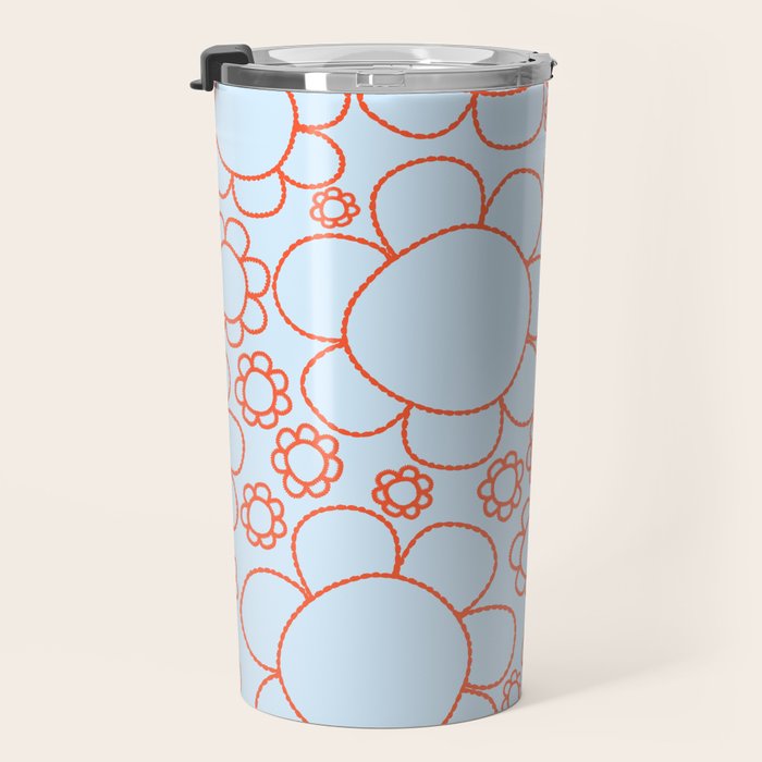Cheerful Doodle Flowers Pattern in Ice Blue and Orange Travel Mug Gallery Image 3