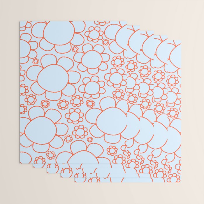 Cheerful Doodle Flowers Pattern in Ice Blue and Orange Wrapping Paper Gallery Image 3
