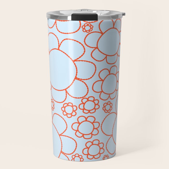 Cheerful Doodle Flowers Pattern in Ice Blue and Orange Travel Mug Gallery Image 1