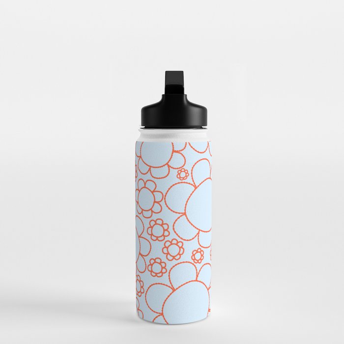 Cheerful Doodle Flowers Pattern in Ice Blue and Orange Water Bottle Gallery Image 3