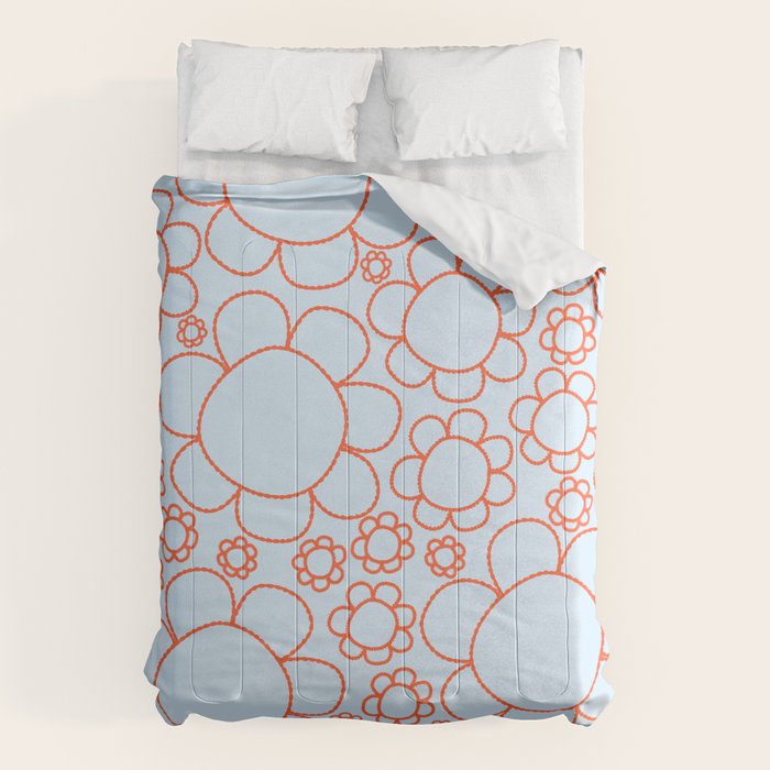 Cheerful Doodle Flowers Pattern in Ice Blue and Orange Comforter Gallery Image 1