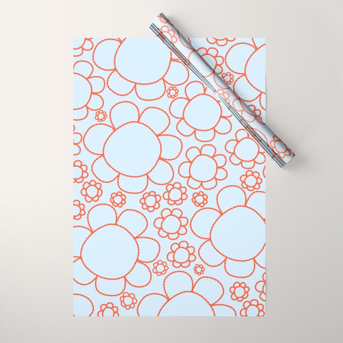 Cheerful Doodle Flowers Pattern in Ice Blue and Orange Wrapping Paper Gallery Image 1