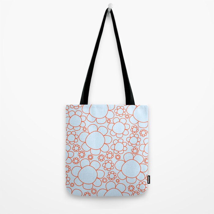 Cheerful Doodle Flowers Pattern in Ice Blue and Orange Tote Bag Gallery Image 2