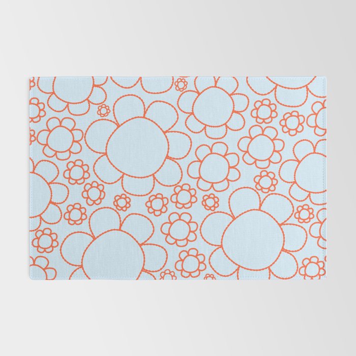 Cheerful Doodle Flowers Pattern in Ice Blue and Orange Rug Gallery Image 2