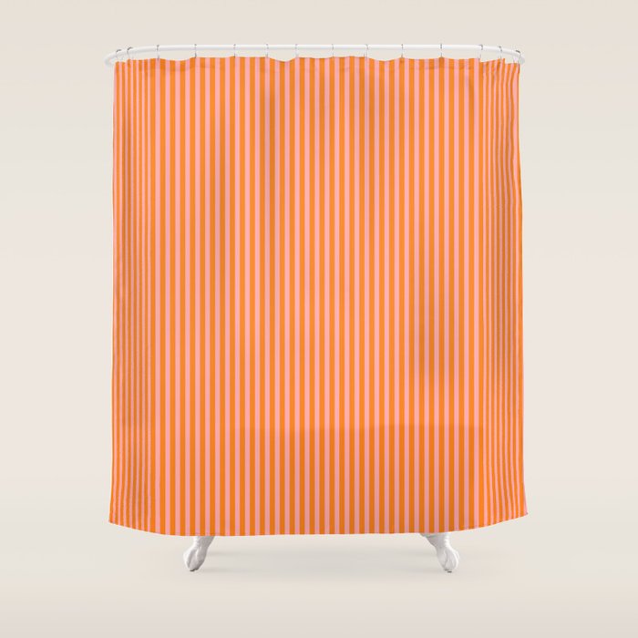 Fine Stripes Narrow Vertical Stripe Pattern in Pink and Orange Shower Curtain Gallery Image 1
