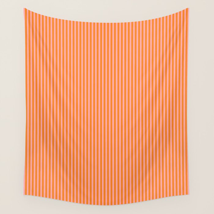 Fine Stripes Narrow Vertical Stripe Pattern in Pink and Orange Wall Tapestry Gallery Image 1