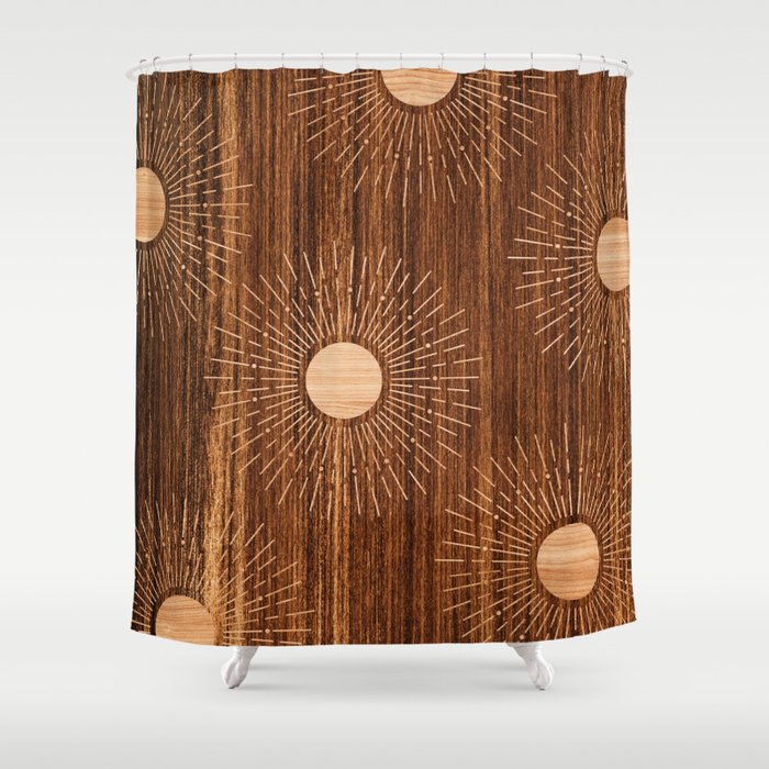 Boho sun Island style wood inlay art  Shower Curtain Gallery Image 1