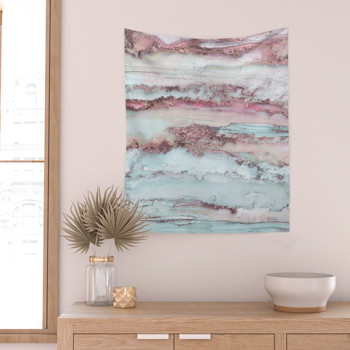 Marbled Stripes Luxury Rose Gold And Mint Glamour Wall Tapestry Gallery Image 2