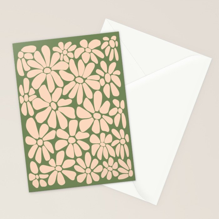 Retro Floral - Green and Cream  Stationery Card Gallery Image 2