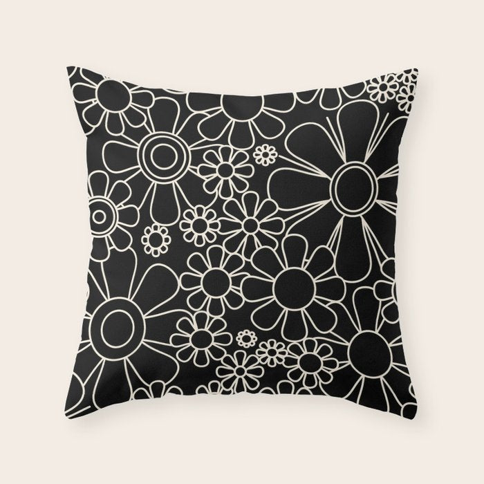 Minimal Retro Garden Flowers Contemporary Modern Black and Cream Pattern Throw Pillow Gallery Image 6