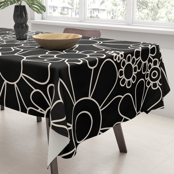 Minimal Retro Garden Flowers Contemporary Modern Black and Cream Pattern Tablecloth Gallery Image 3