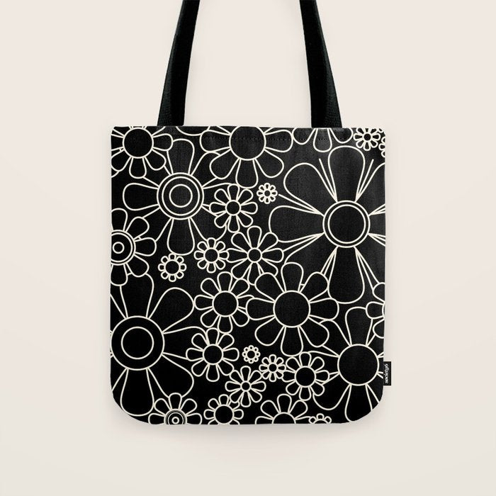Minimal Retro Garden Flowers Contemporary Modern Black and Cream Pattern Tote Bag Gallery Image 1
