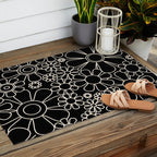 Minimal Retro Garden Flowers Contemporary Modern Black and Cream Pattern Outdoor Rug Gallery Image 2