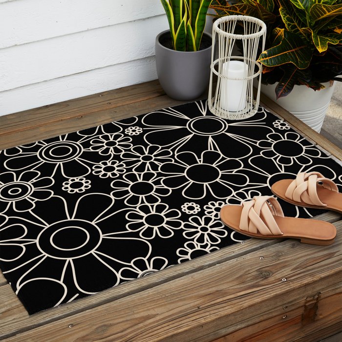 Minimal Retro Garden Flowers Contemporary Modern Black and Cream Pattern Outdoor Rug Gallery Image 2