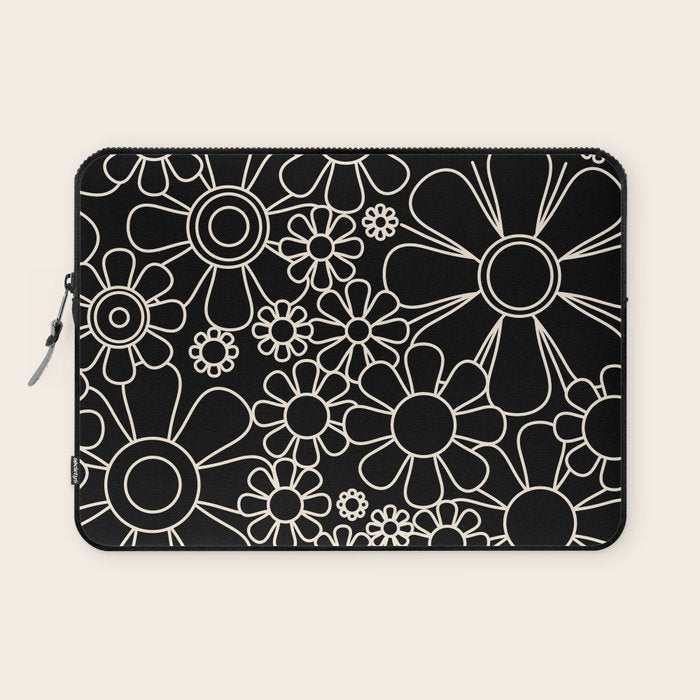 Minimal Retro Garden Flowers Contemporary Modern Black and Cream Pattern Laptop Sleeve Gallery Image 1