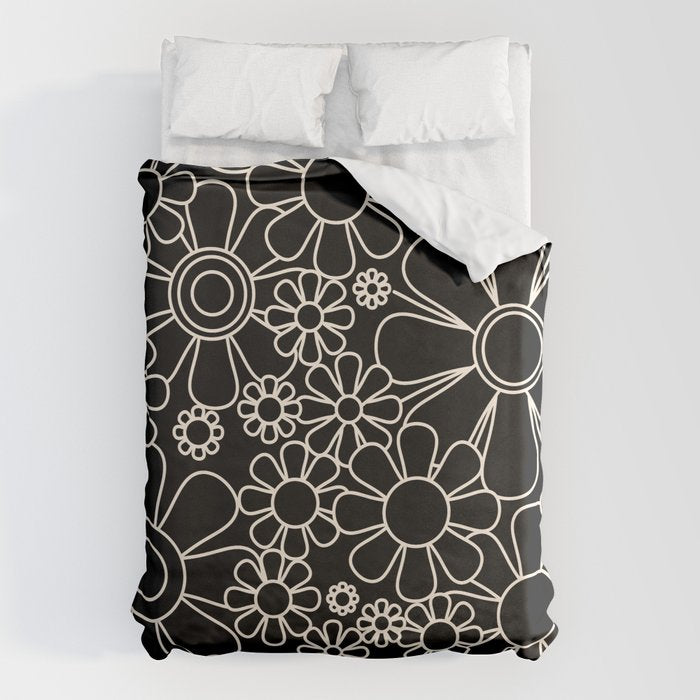 Minimal Retro Garden Flowers Contemporary Modern Black and Cream Pattern Duvet Cover Gallery Image 6