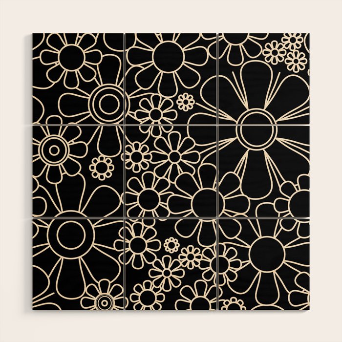 Minimal Retro Garden Flowers Contemporary Modern Black and Cream Pattern Wood Wall Art Gallery Image 1