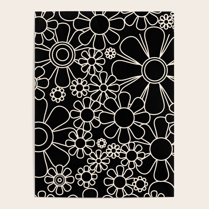 Minimal Retro Garden Flowers Contemporary Modern Black and Cream Pattern Poster Gallery Image 4