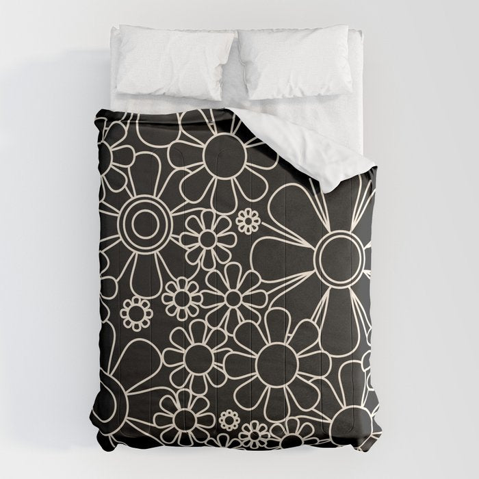 Minimal Retro Garden Flowers Contemporary Modern Black and Cream Pattern Comforter Gallery Image 6