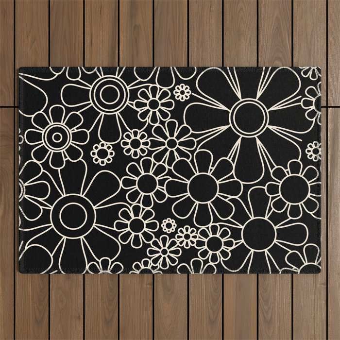 Minimal Retro Garden Flowers Contemporary Modern Black and Cream Pattern Outdoor Rug Gallery Image 1