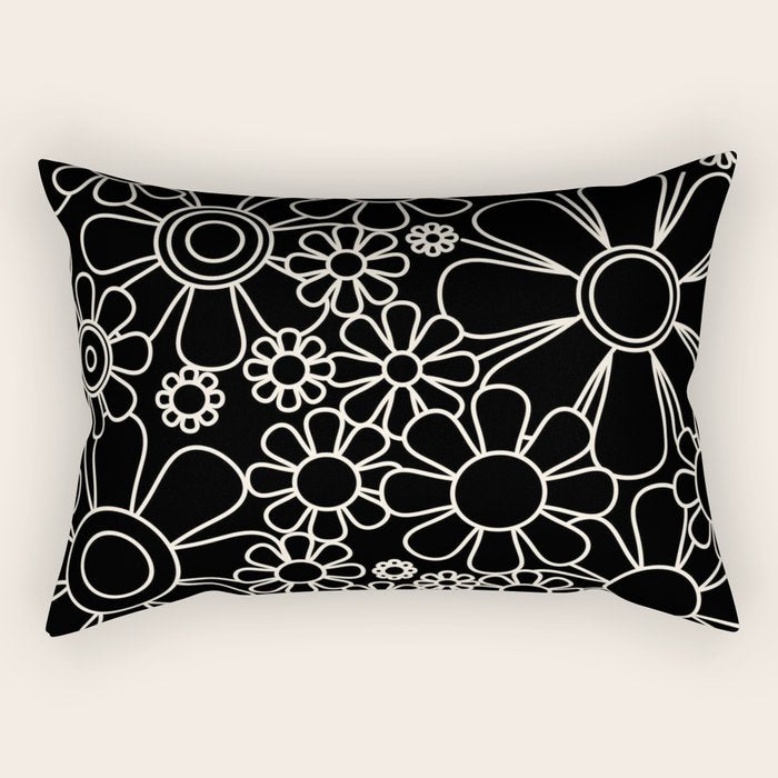 Minimal Retro Garden Flowers Contemporary Modern Black and Cream Pattern Rectangular Pillow Gallery Image 2