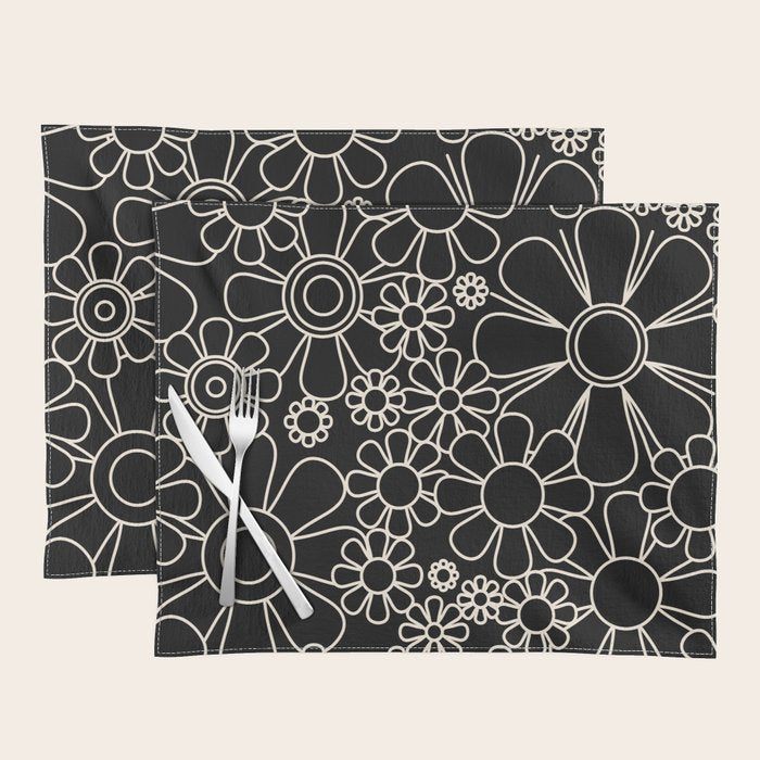 Minimal Retro Garden Flowers Contemporary Modern Black and Cream Pattern Placemat Gallery Image 1