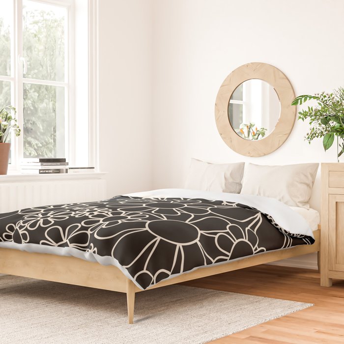 Minimal Retro Garden Flowers Contemporary Modern Black and Cream Pattern Duvet Cover Gallery Image 2