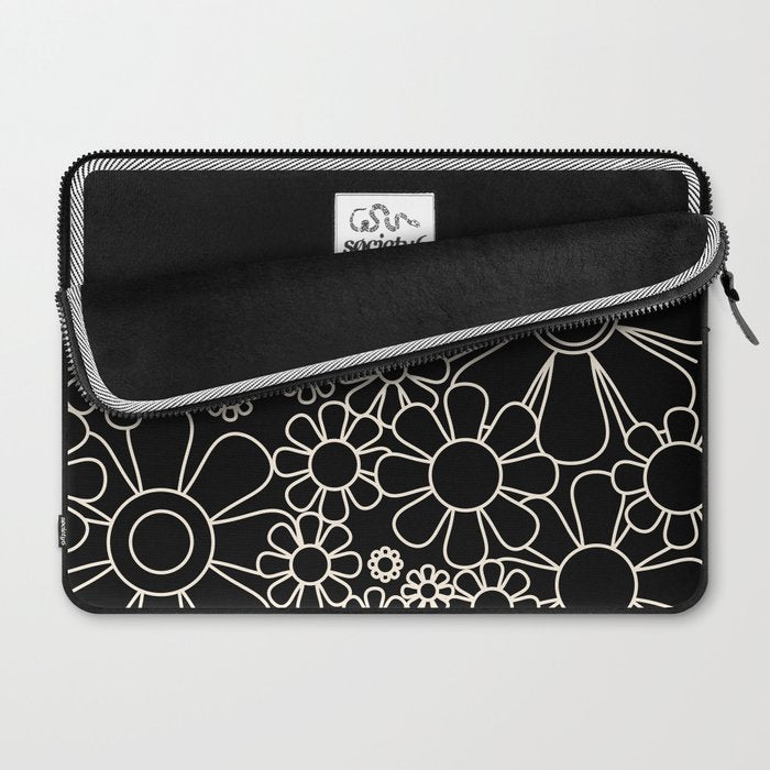 Minimal Retro Garden Flowers Contemporary Modern Black and Cream Pattern Laptop Sleeve Gallery Image 2