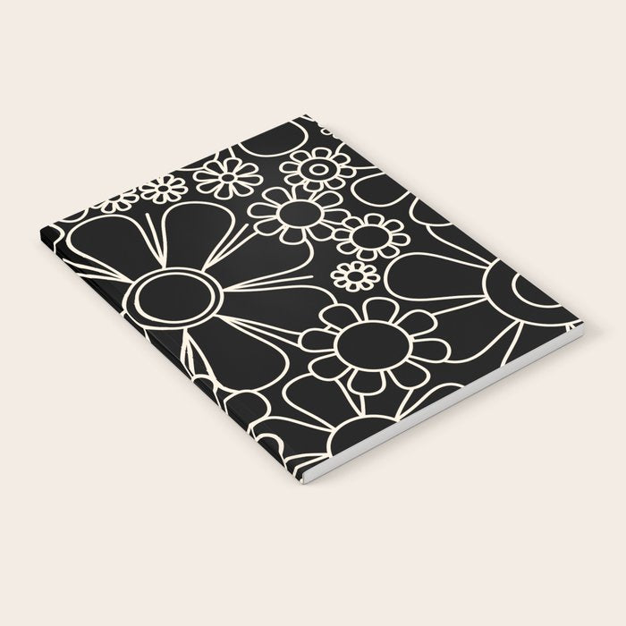 Minimal Retro Garden Flowers Contemporary Modern Black and Cream Pattern Notebook Gallery Image 2