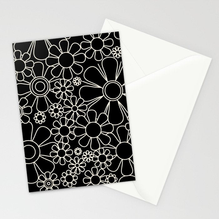 Minimal Retro Garden Flowers Contemporary Modern Black and Cream Pattern Stationery Card Gallery Image 2