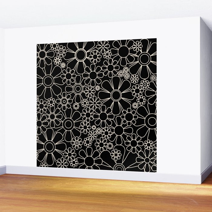 Minimal Retro Garden Flowers Contemporary Modern Black and Cream Pattern Wall Mural Gallery Image 2