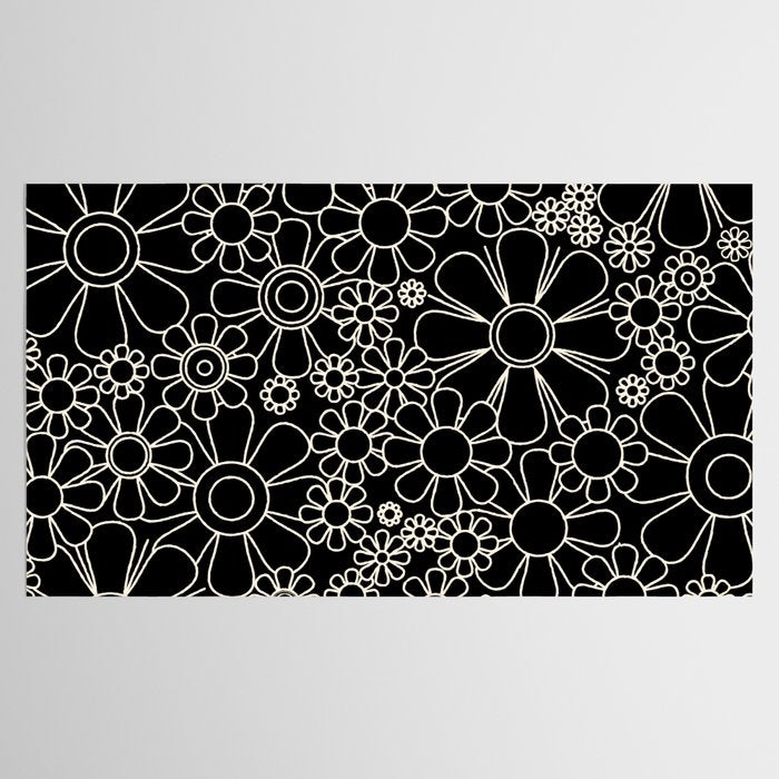 Minimal Retro Garden Flowers Contemporary Modern Black and Cream Pattern Tablecloth Gallery Image 2