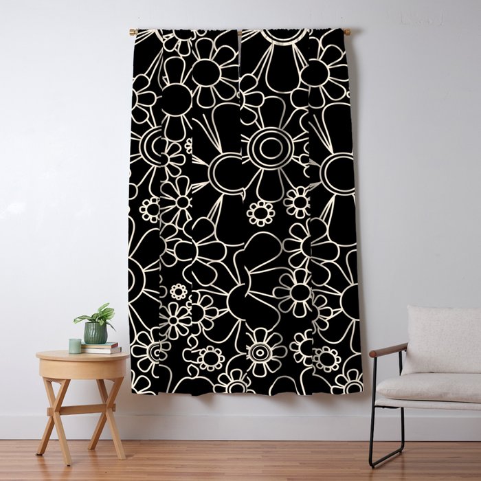 Minimal Retro Garden Flowers Contemporary Modern Black and Cream Pattern Window Curtain Gallery Image 5