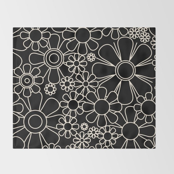 Minimal Retro Garden Flowers Contemporary Modern Black and Cream Pattern Throw Blanket Gallery Image 2