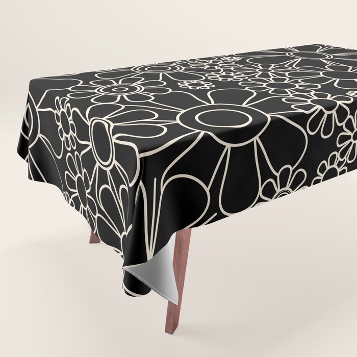 Minimal Retro Garden Flowers Contemporary Modern Black and Cream Pattern Tablecloth Gallery Image 1