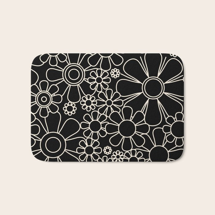 Minimal Retro Garden Flowers Contemporary Modern Black and Cream Pattern Bath Mat Gallery Image 1